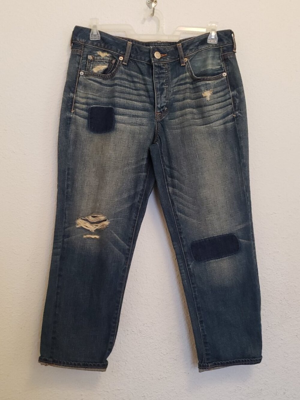 American Eagle Button-Fly Boy Crop Jeans Womens 12 Patch Distressed Medium Wash